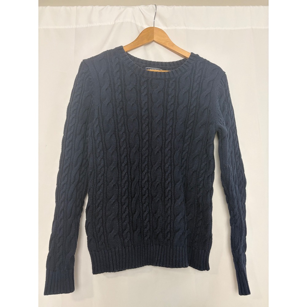Lands' End Drifter Navy Blue Cable Knit Cotton Crew Neck Sweater Small Fisherman